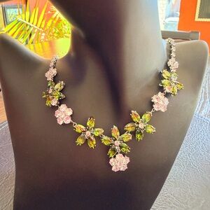 Statement Green Floral Necklace – Peridot-Color CZ & Crystal – 18”